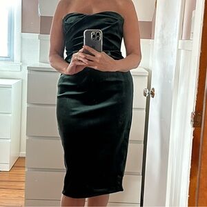 Green velvet strapless sheath dress, emerald green velvet holiday party dress,